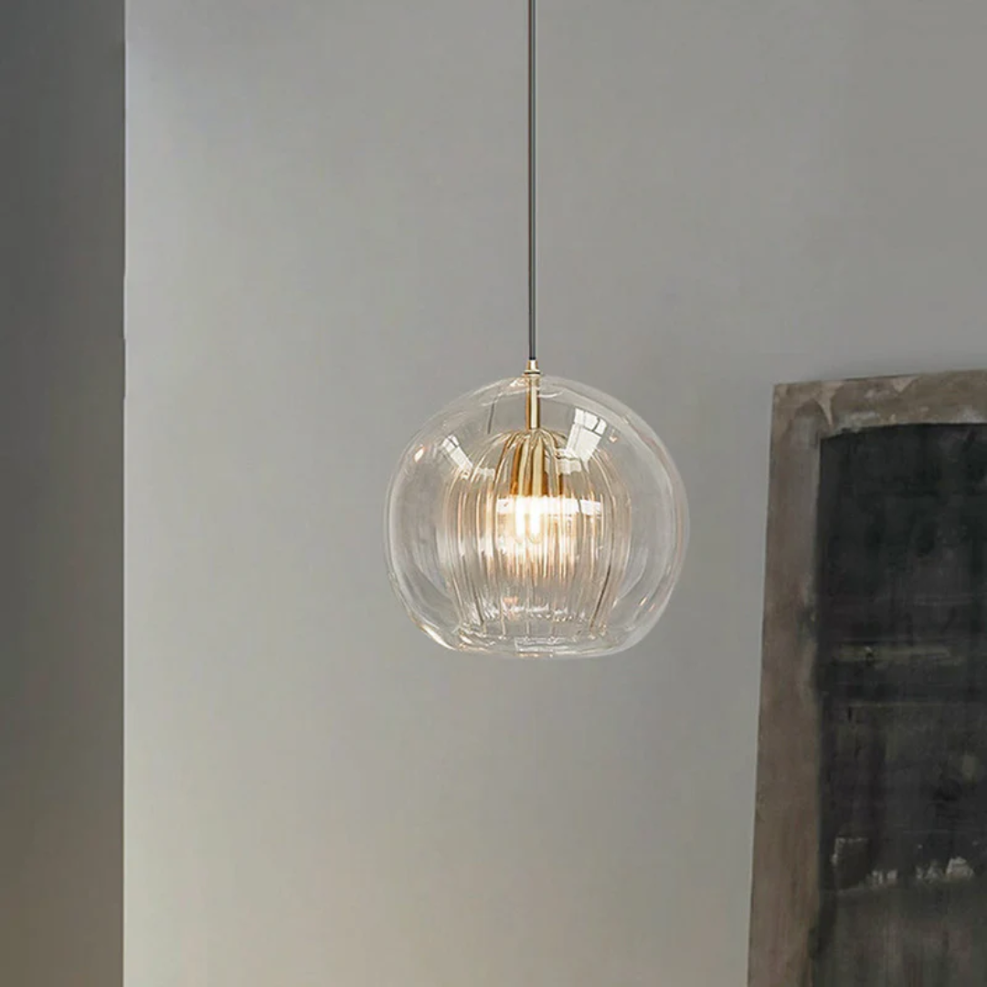 Sleek modern LED pendant, Aurora Sphere, contemporary design for dining & bedrooms.