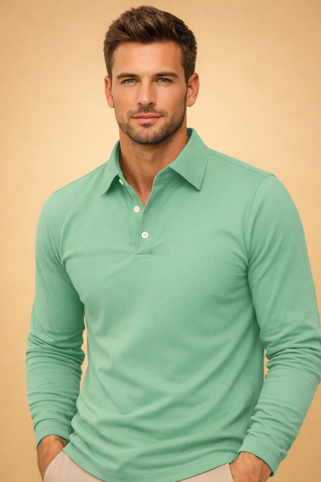 Comfortable men's long sleeve polo shirt, classic fit. Soft fabric collared top, perfect for smart casual everyday style.