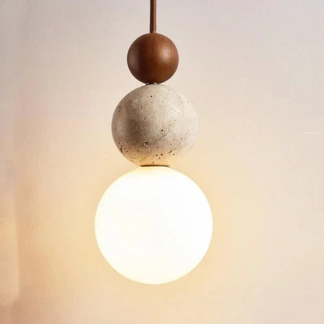Modern travertine and mahogany pendant light, elegant ambient lighting fixture