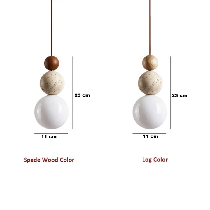 Designer pendant light blending natural travertine texture and polished mahogany