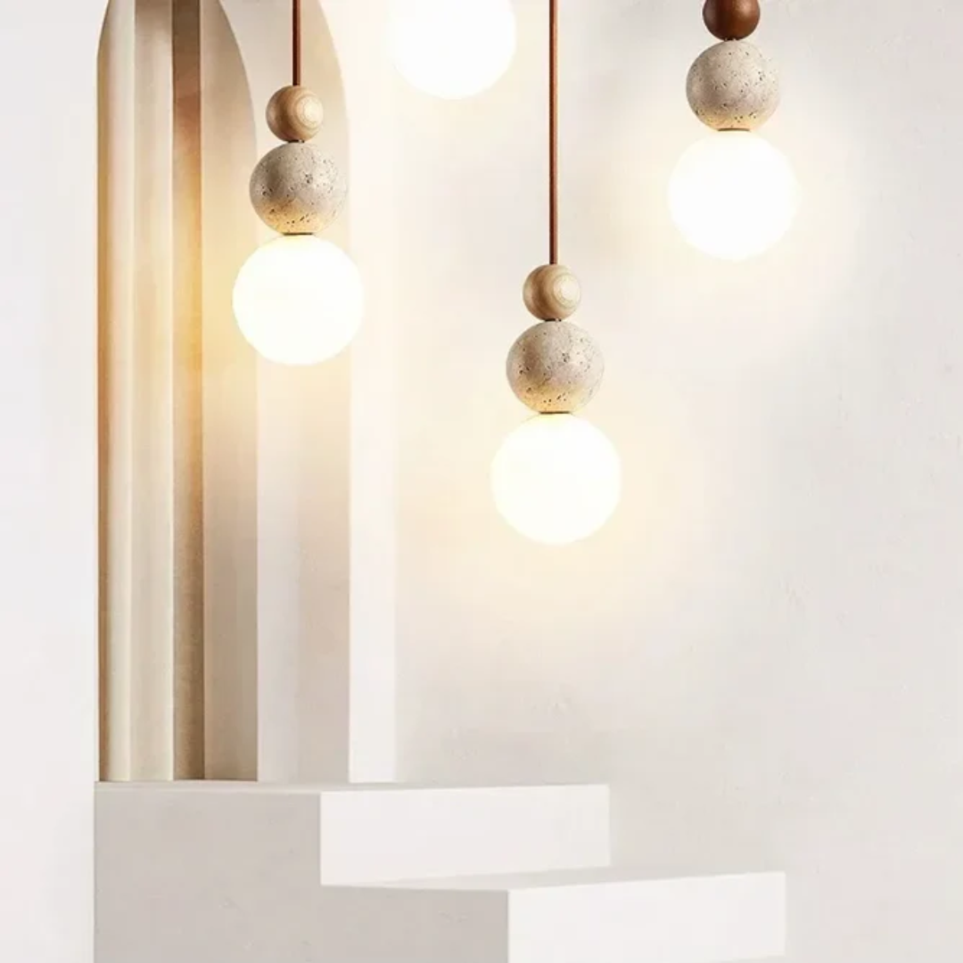 Contemporary pendant light featuring natural travertine and rich mahogany wood