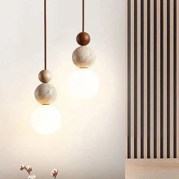 Elegant modern lighting: Travertine style pendant with mahogany detailing
