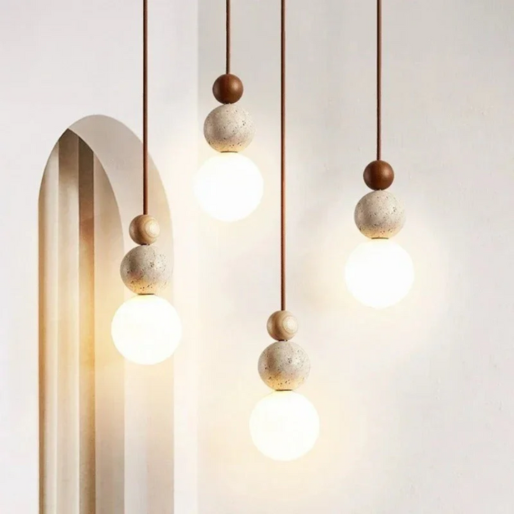 Interior design upgrade with a natural ambiance pendant light of travertine & mahogany