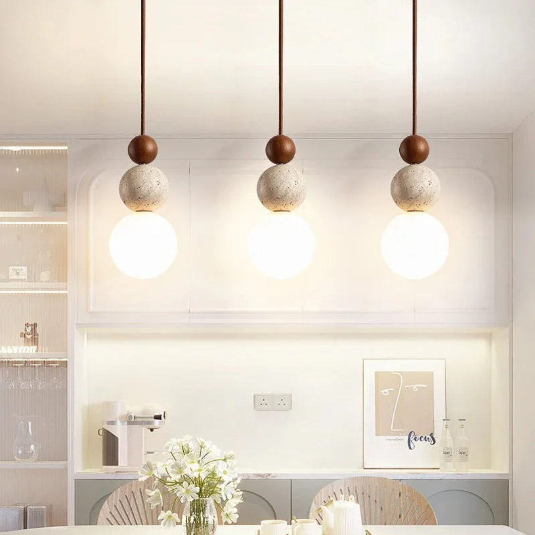 Travertine and mahogany pendant light, perfect for sophisticated ambient lighting