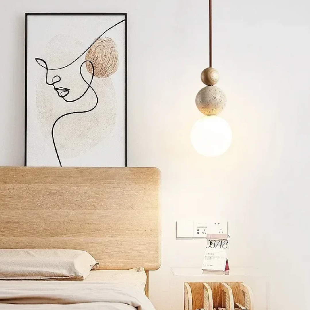 NaturaLuxe modern pendant light with organic travertine and warm mahogany