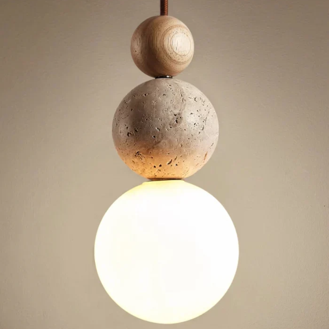 Unique home decor: Travertine-inspired pendant with a sleek mahogany stem