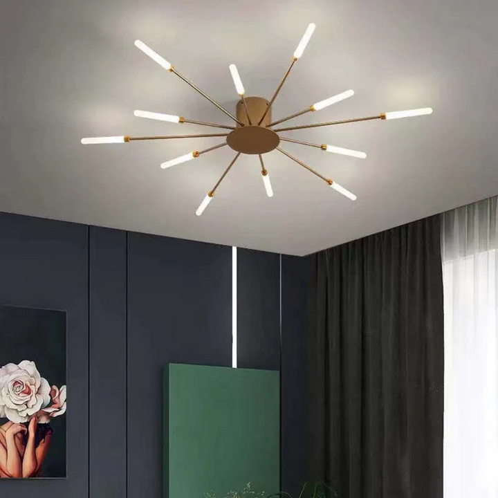 Gold LED ceiling lamp, sleek modern lighting, bright & energy-efficient for stylish interior design.