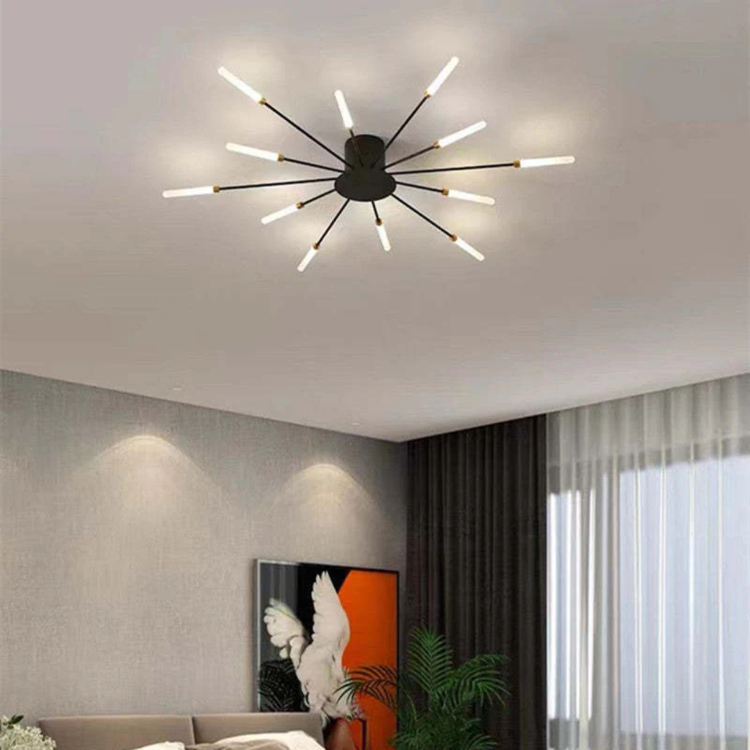 Black LED ceiling lamp, dimmable, contemporary overhead light for modern homes, energy saving.
