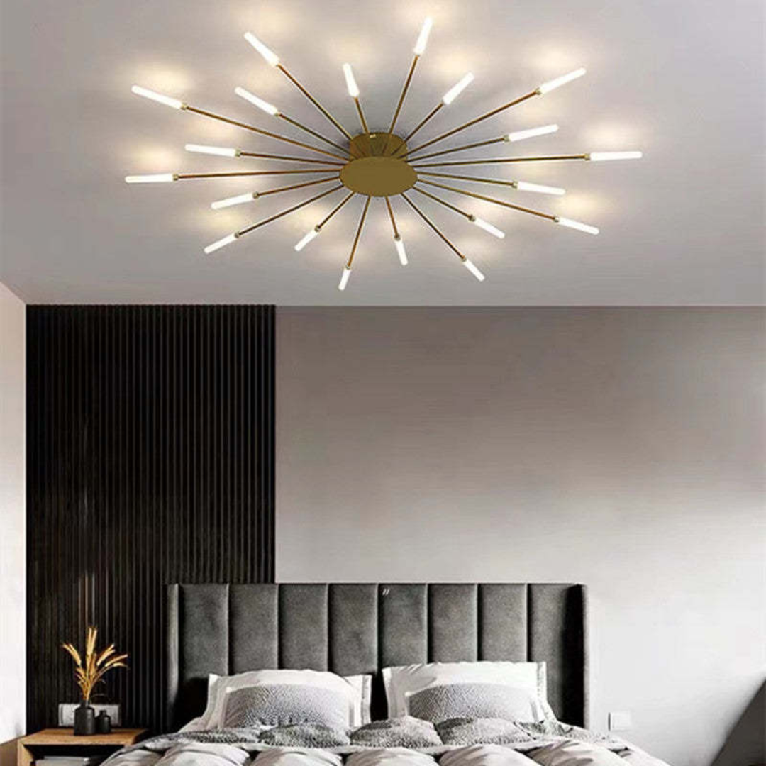 Gold modern LED lamp, overhead lighting, energy-efficient & provides bright universal white light.