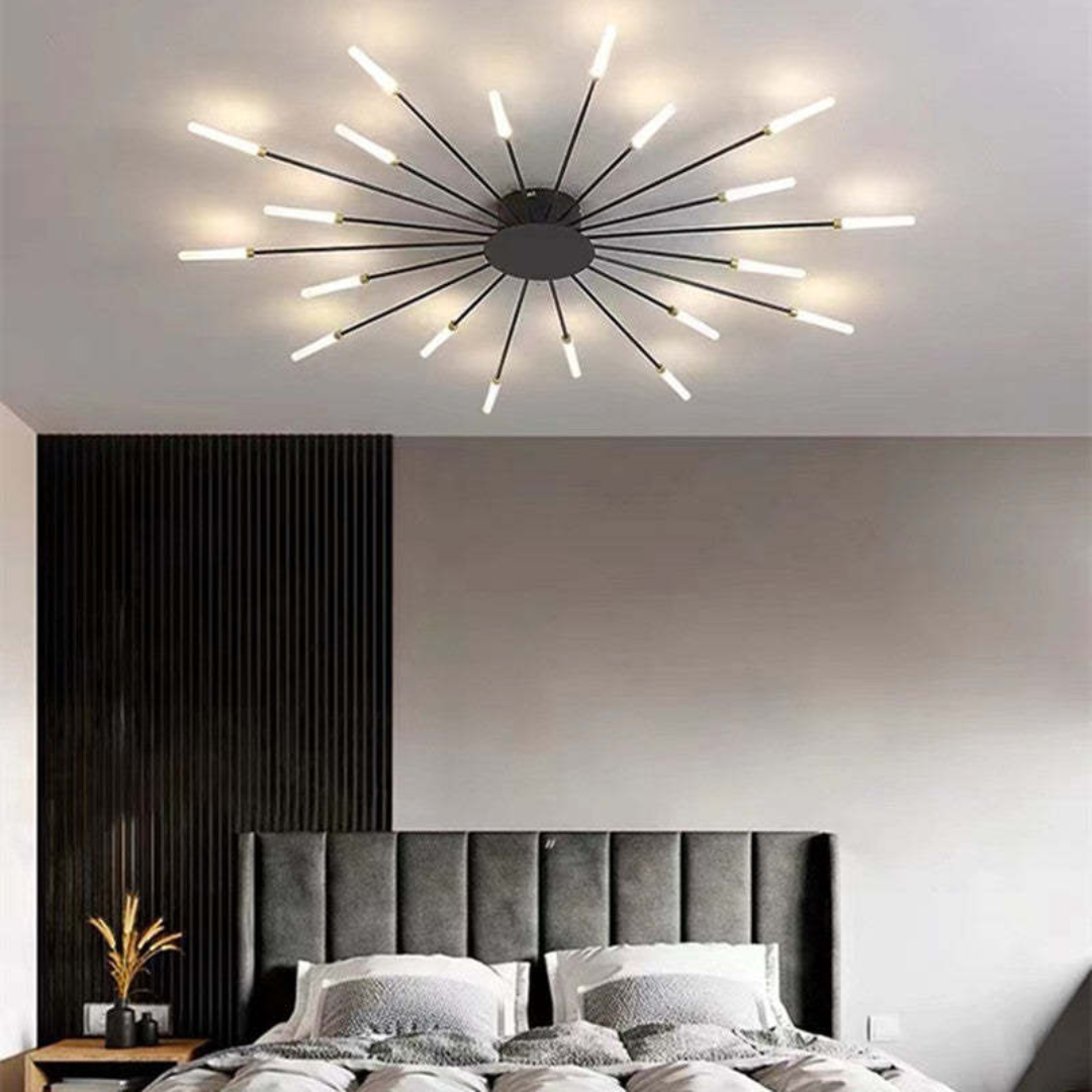 Black contemporary LED ceiling light, dimmable for adjustable bright illumination in modern homes.