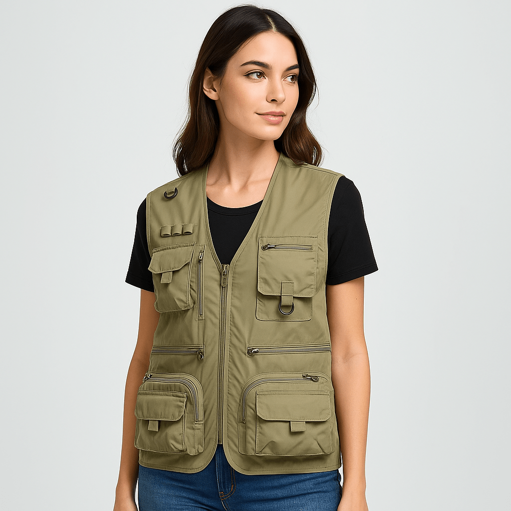 Red women's lightweight summer vest for outdoor adventures, featuring many pockets.