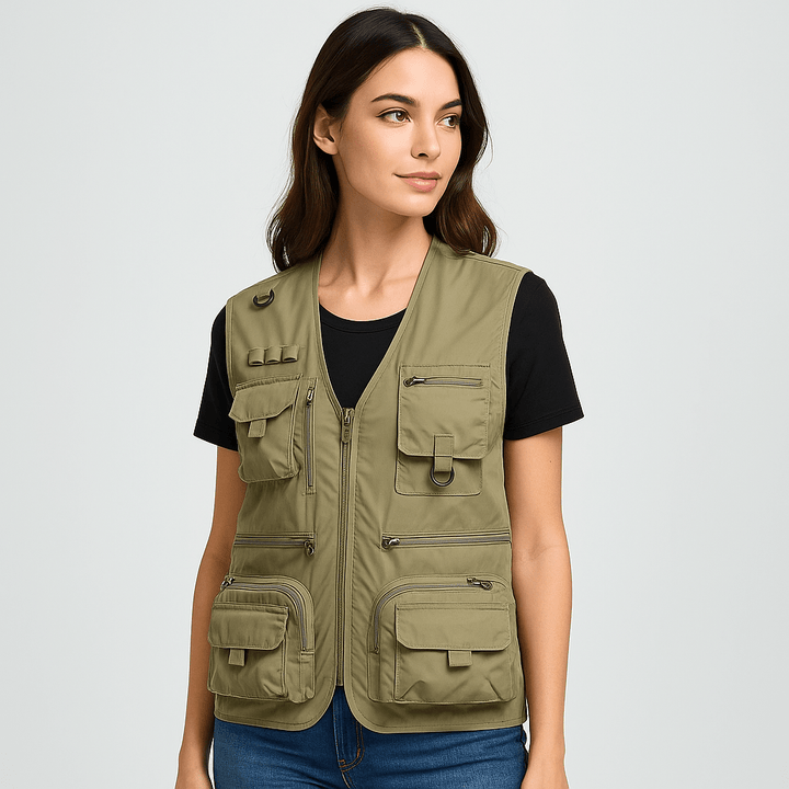 Red women's lightweight summer vest for outdoor adventures, featuring many pockets.