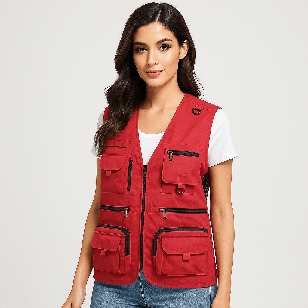 Khaki women's utility vest with multiple pockets, ideal for fishing & travel.