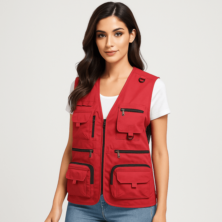 Khaki women's utility vest with multiple pockets, ideal for fishing & travel.