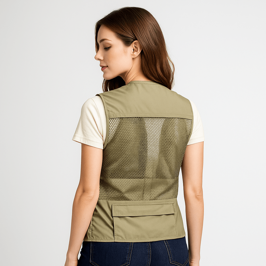 Army green women's fishing vest, multi-pocket design, perfect for summer outdoor utility.