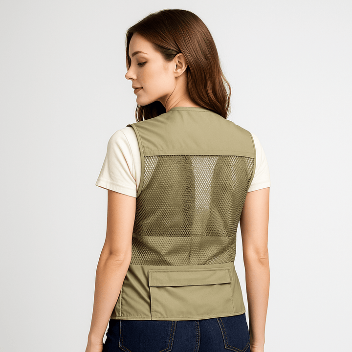 Army green women's fishing vest, multi-pocket design, perfect for summer outdoor utility.