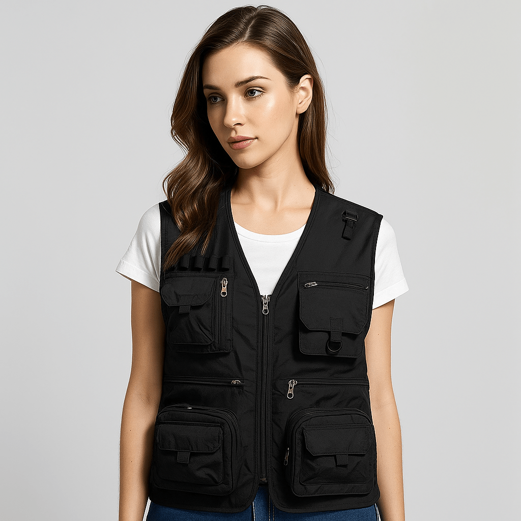 Black women's sleeveless outdoor vest, lightweight & multi-pocket for summer activities.