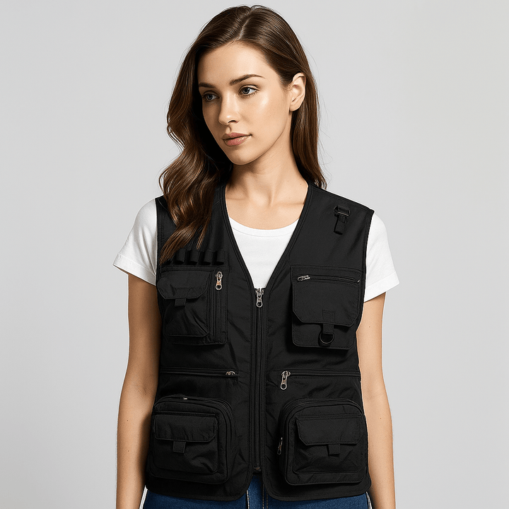 Black women's sleeveless outdoor vest, lightweight & multi-pocket for summer activities.