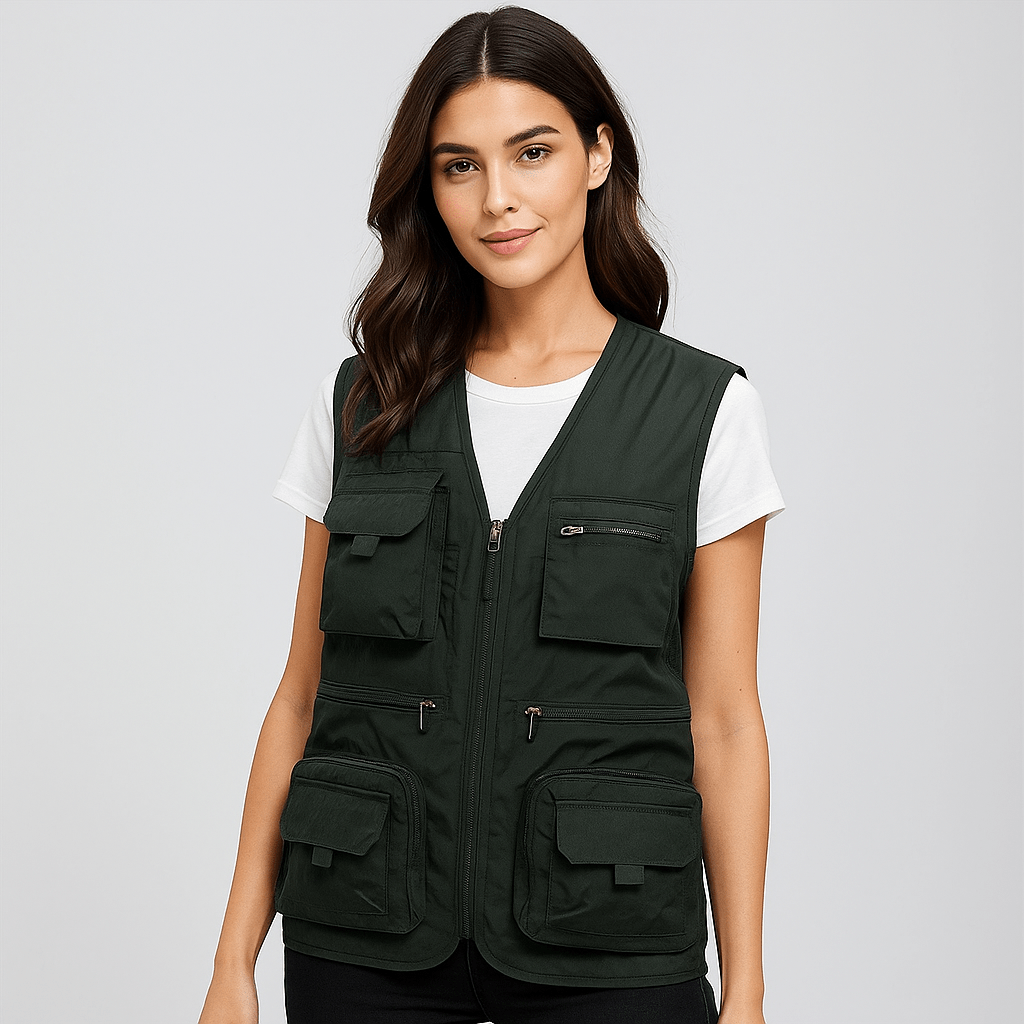 Dark blue women's multi-pocket hiking vest, lightweight and breathable for summer trails.
