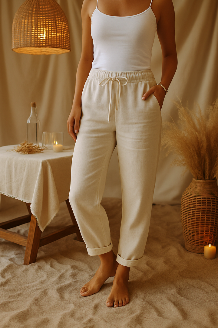 Versatile women's elastic waist pants for casual or dress wear. Comfortable, flattering fit trousers in a stylish color.
