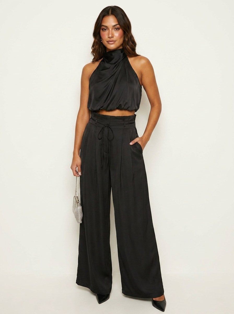 Elegant women's halter neck wide-leg two-piece suit set, perfect for formal evening occasions.