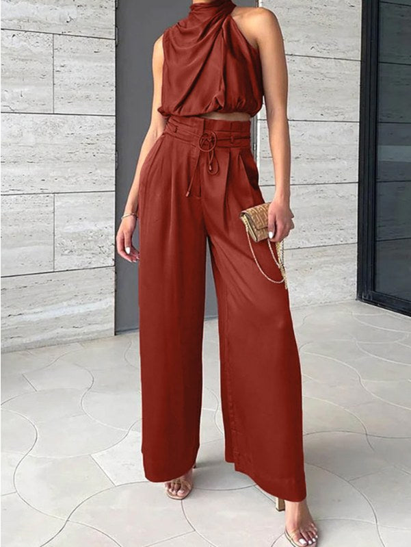 Women's fashionable halter neck wide-leg suit, ideal for making a statement at any party.
