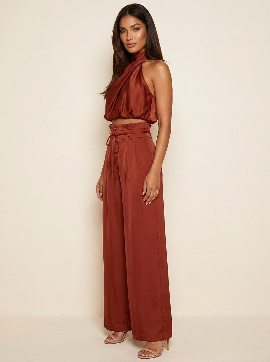 Premium women's two-piece suit, featuring a chic halter neck and flattering wide-leg design.