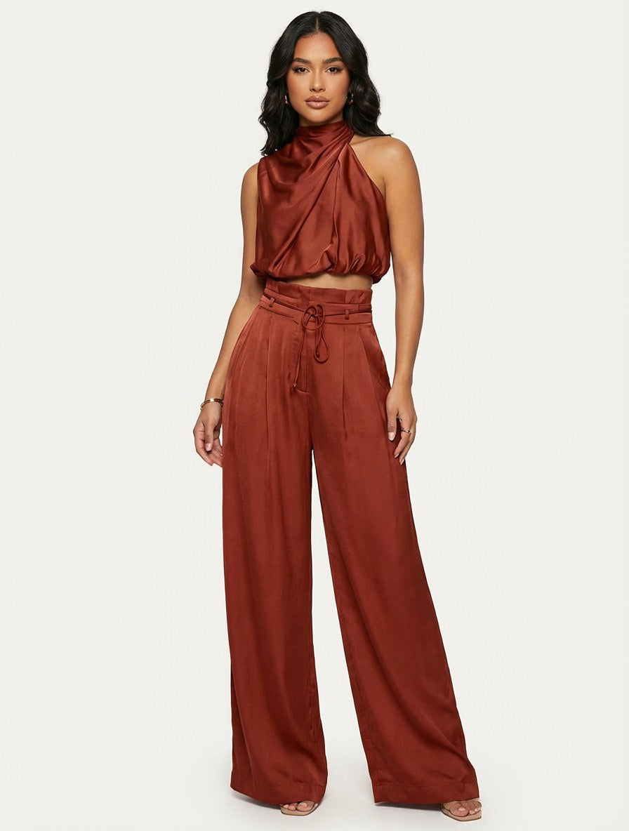 Comfortable yet chic women's two-piece set: halter neck top & wide-leg palazzo pants.