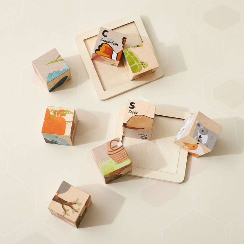 Vibrant Montessori 6-in-1 wooden animal puzzle. Kids' educational toy for fine motor skill and cognitive development.