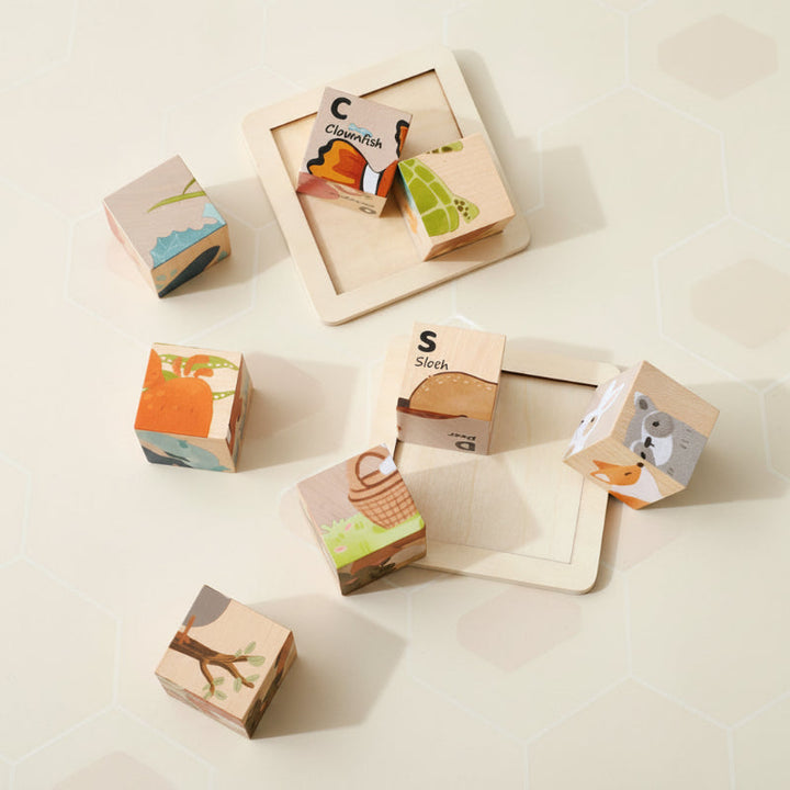 Vibrant Montessori 6-in-1 wooden animal puzzle. Kids' educational toy for fine motor skill and cognitive development.