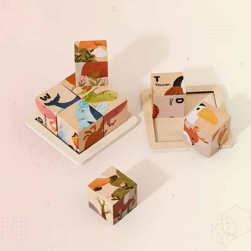 Toddler educational 6-in-1 animal wooden puzzle. Montessori toy for cognitive development and early learning.