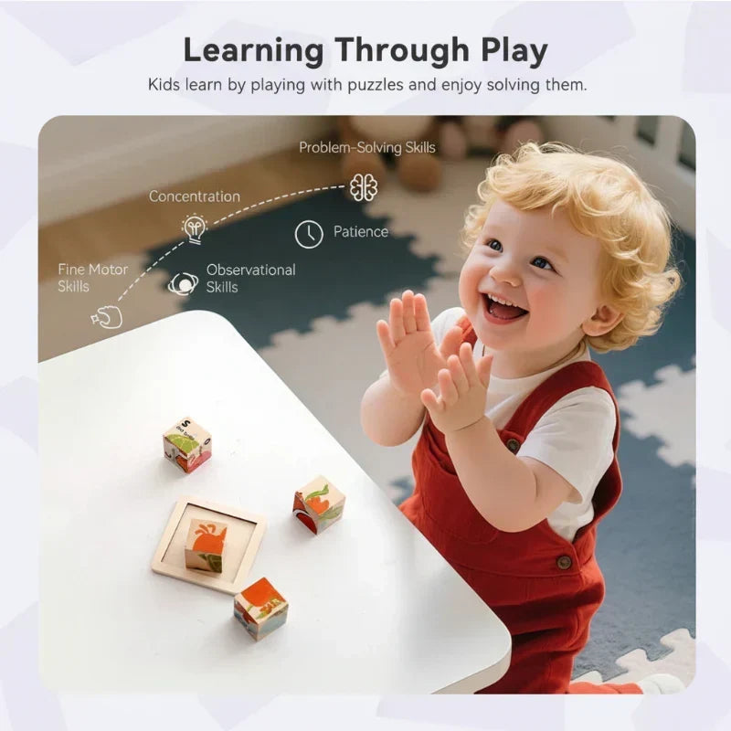 Preschool Montessori wooden animal puzzle set. 6-in-1 educational toy enhancing fine motor skills.