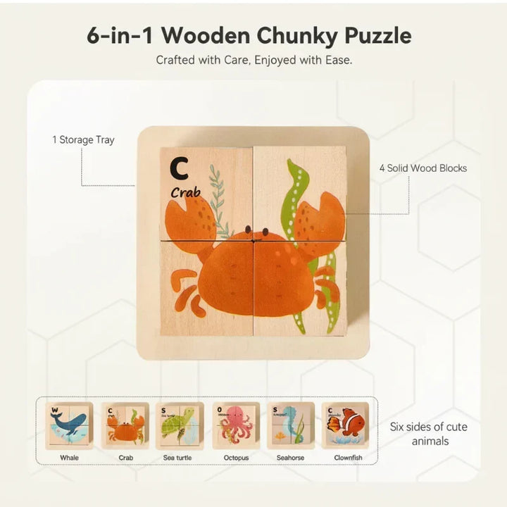 Colorful 6-in-1 wooden animal puzzle for kids. Montessori toddler toy, aids cognitive and fine motor development.