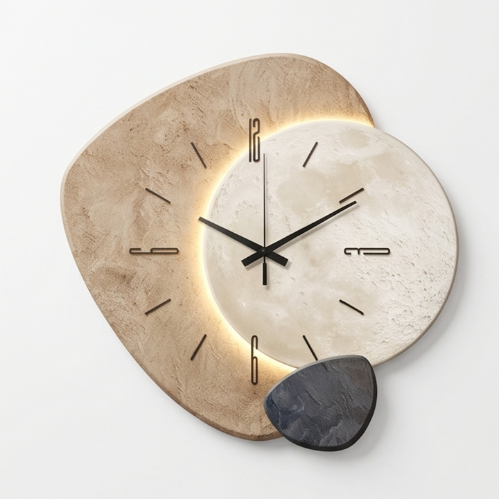 Elegant moon-lit wall clock with warm LED backlight, perfect for modern home decor.