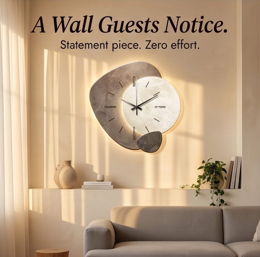 Warm backlit moon wall clock. Elegant, silent, and unique home decor piece, perfect wall art for living spaces.