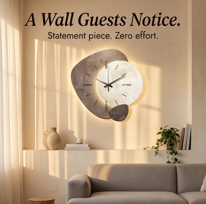 Warm backlit moon wall clock. Elegant, silent, and unique home decor piece, perfect wall art for living spaces.