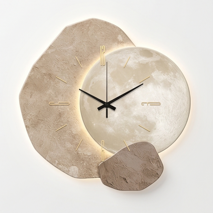 Unique moon wall clock with ambient warm backlight. Silent quartz movement, ideal for bedroom decor.