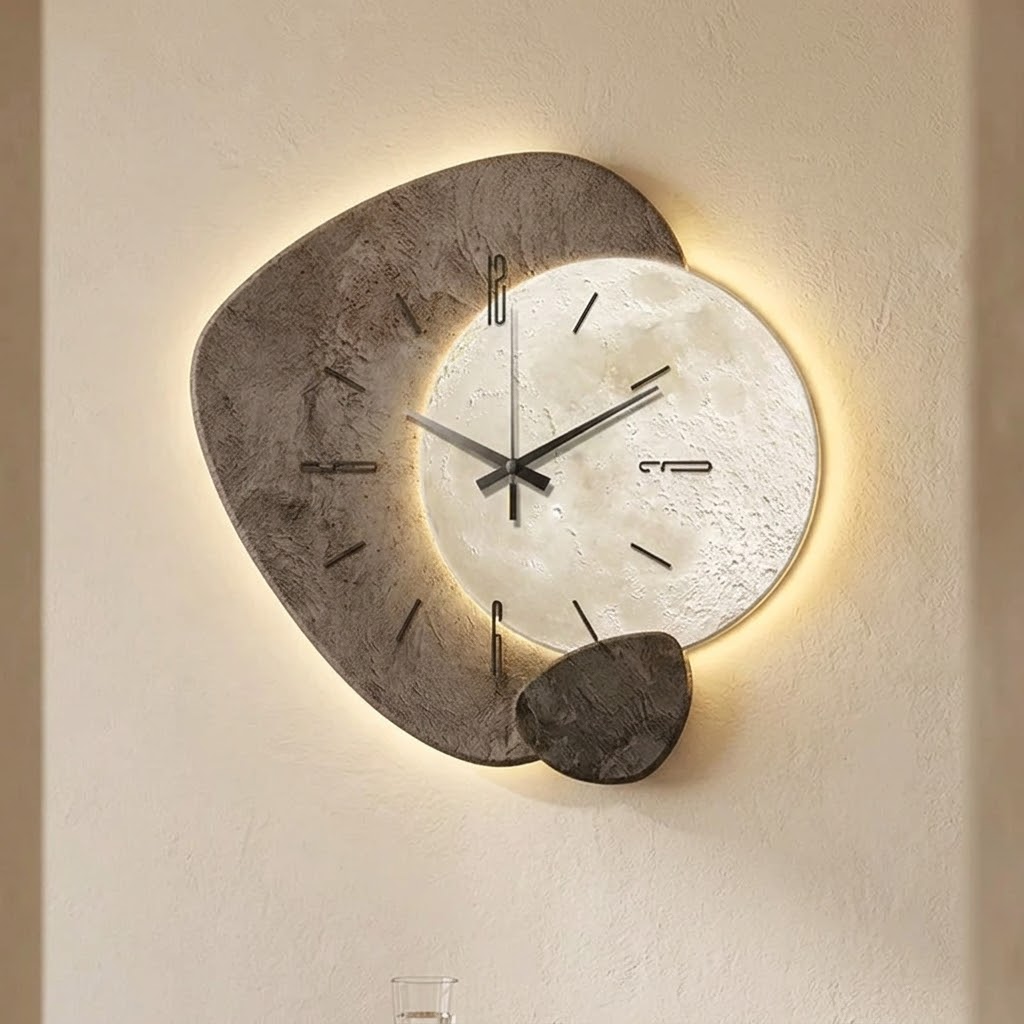 Decorative rustic moon wall clock, featuring warm backlighting. A stylish piece of wall art for living rooms.