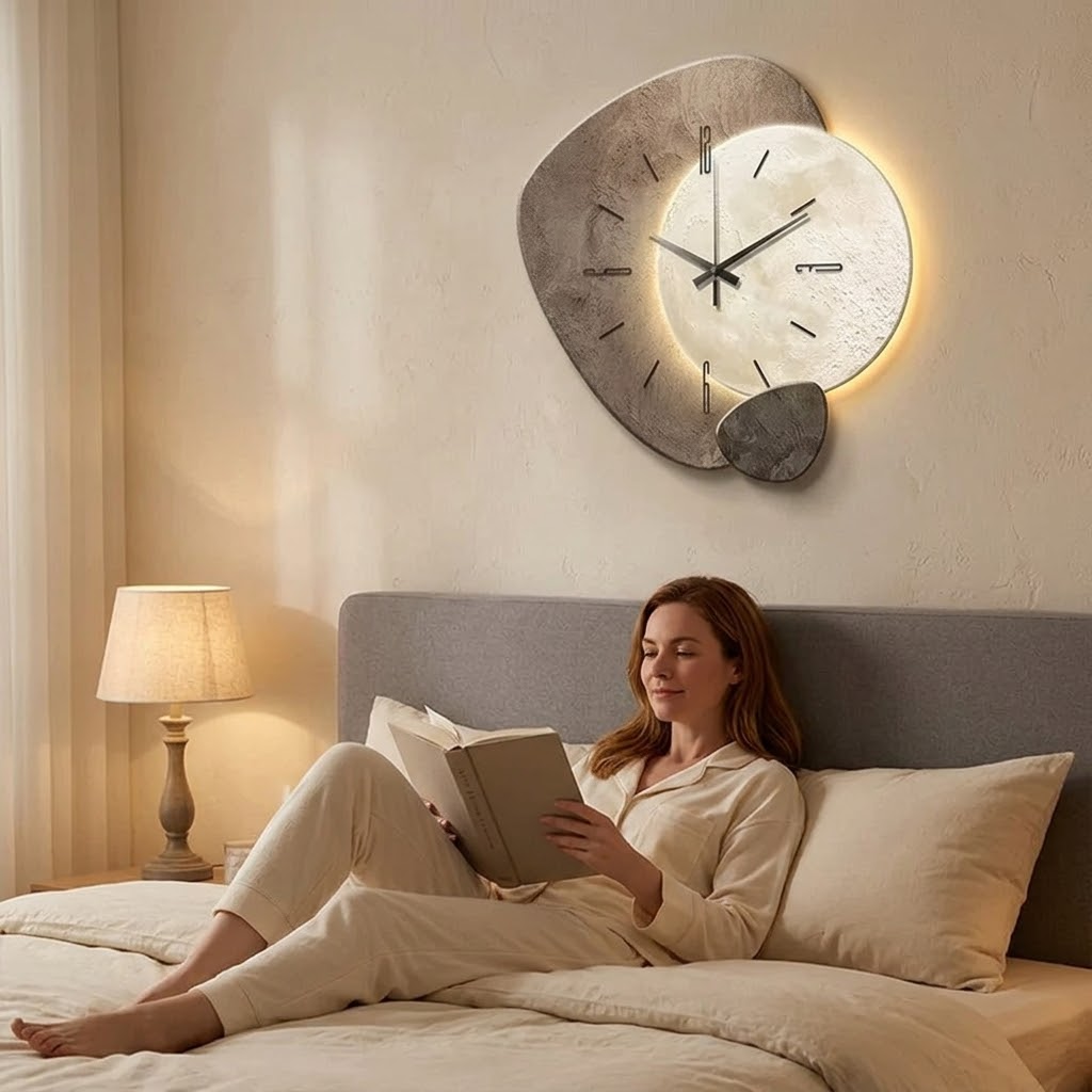 Elegant moon-lit wall clock, a unique focal point with warm ambient LED backlight for home decor.