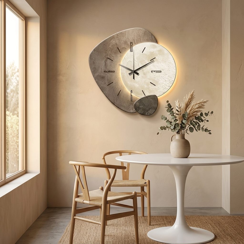 Modern & rustic moon wall clock with warm backlight. Silent operation, enhances any living room or bedroom decor.