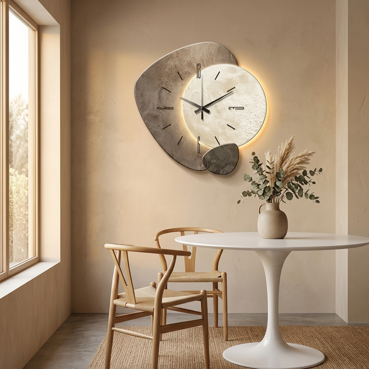 Modern & rustic moon wall clock with warm backlight. Silent operation, enhances any living room or bedroom decor.