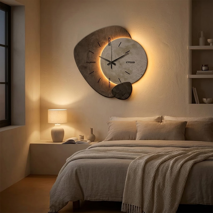 Captivating moon wall clock with soft warm backlight. A unique silent quartz clock for decorative home art.