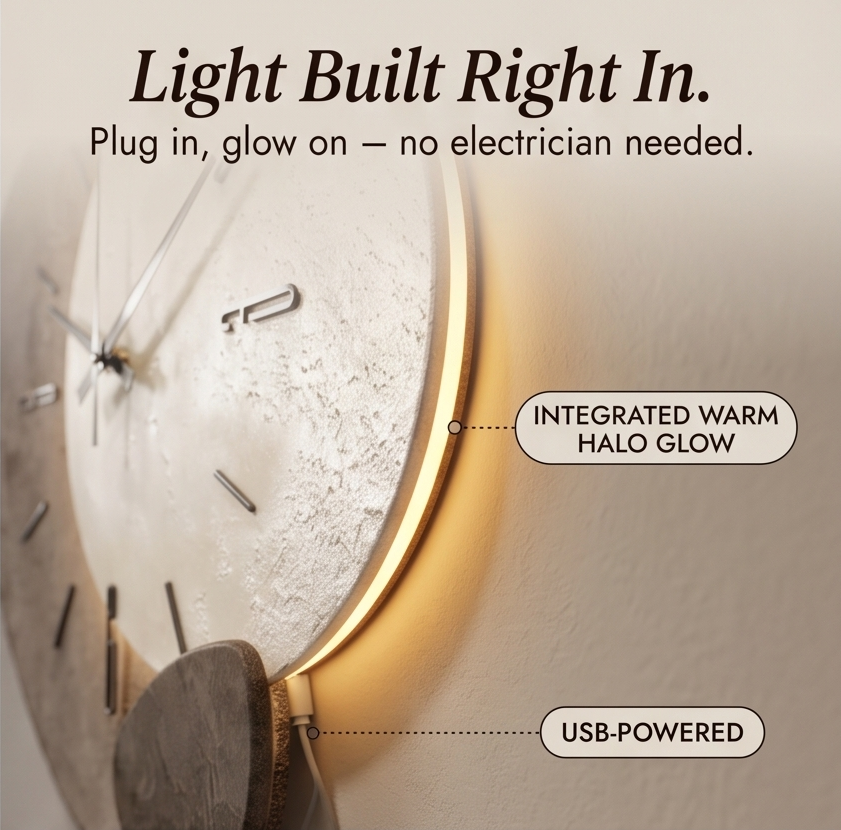 Elegant moon-lit wall clock, silent with warm ambient backlight. A sophisticated home decor accent for any wall.