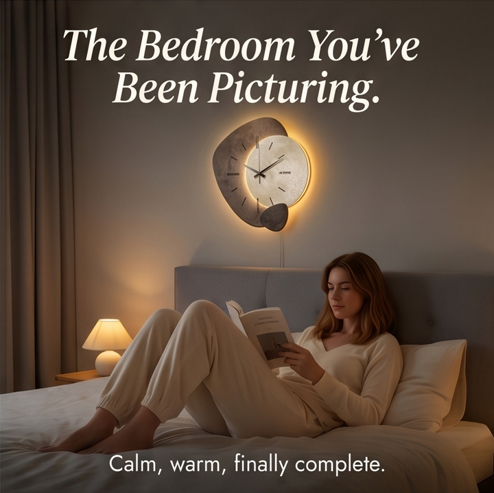 Decorative moon wall clock with warm backlight. Silent quartz movement, a modern accent for home and living room decor.
