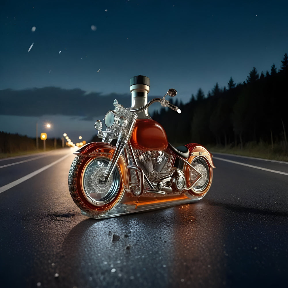 Glass liquor bottle featuring a detailed motorcycle design