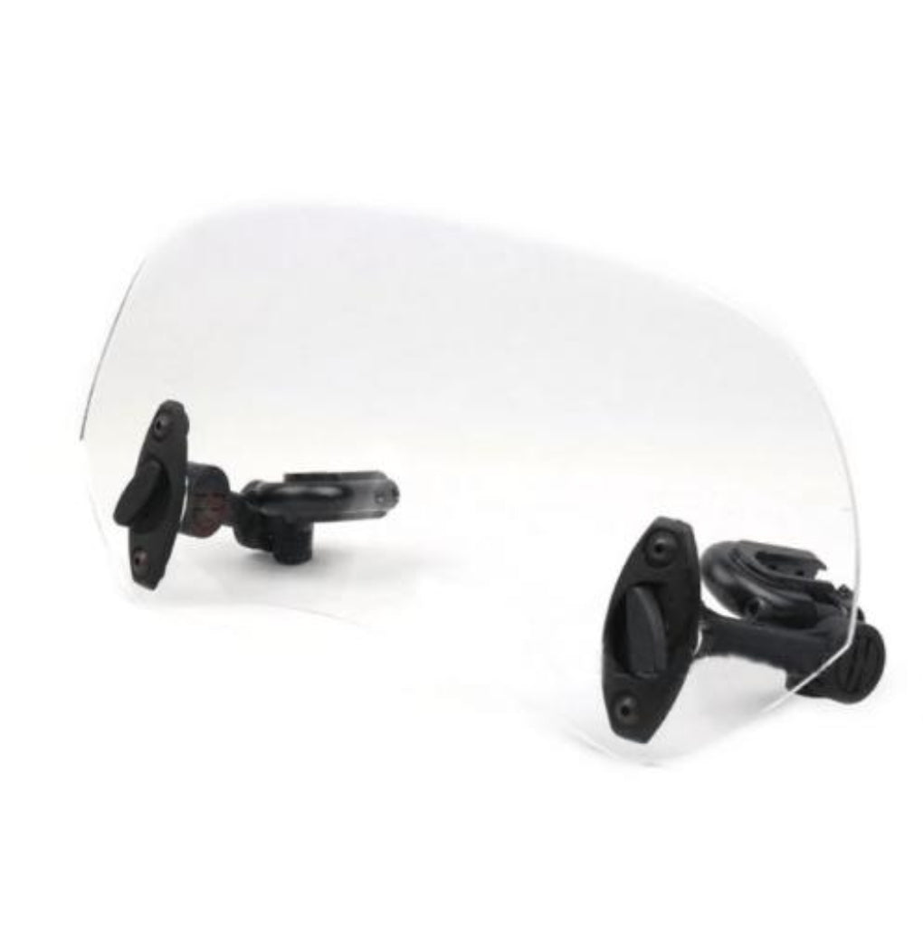 Motorcycle windshield extension for improved rider comfort and wind noise reduction.
