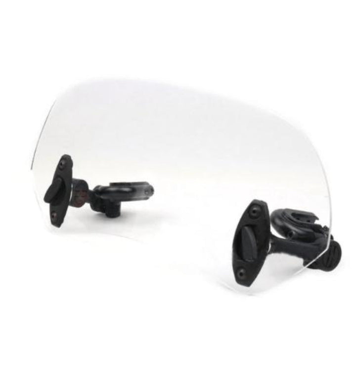 Motorcycle windshield extension for improved rider comfort and wind noise reduction.