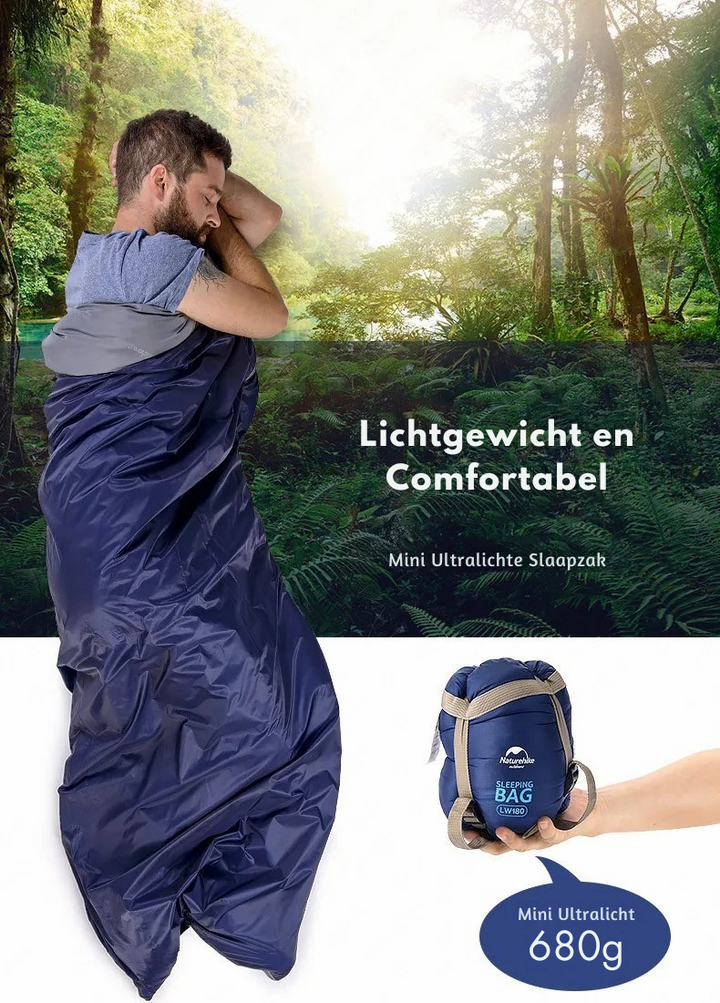 Portable green sleeping bag, designed for lightweight camping & backpacking. Warm outdoor travel gear.