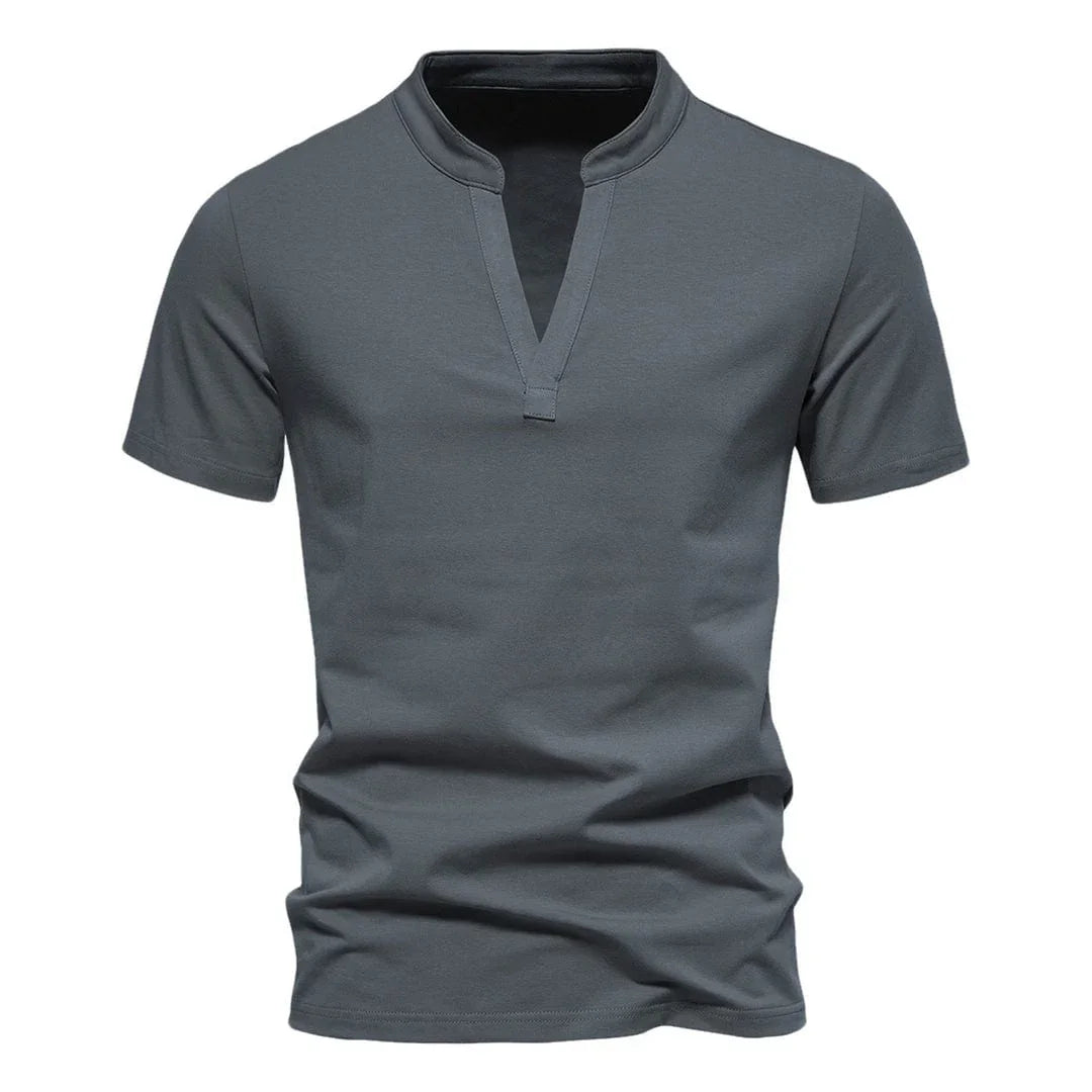 Men's modern split V-neck t-shirt. Effortless short sleeve style for casual everyday wear.