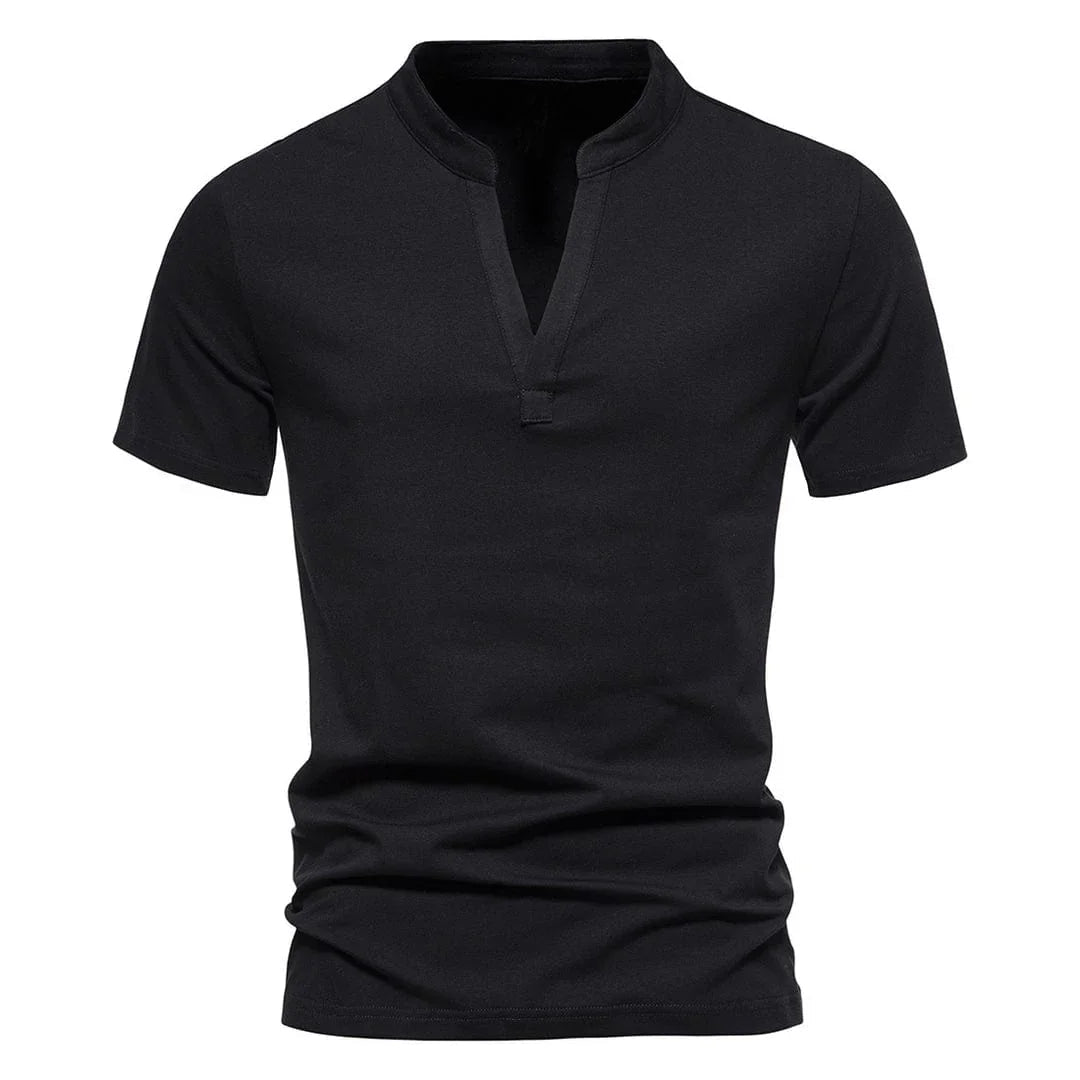 Effortless men's split V-neck t-shirt. Modern short sleeve design for versatile casual wear.